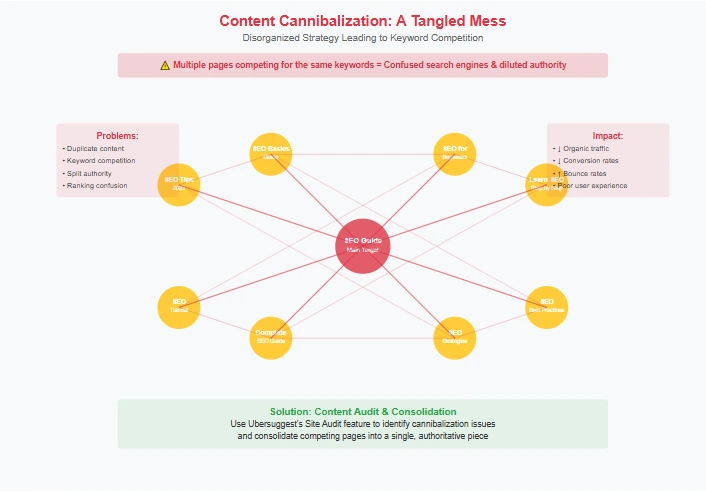 A tangled mess of lines representing a disorganized content strategy leading to cannibalization.