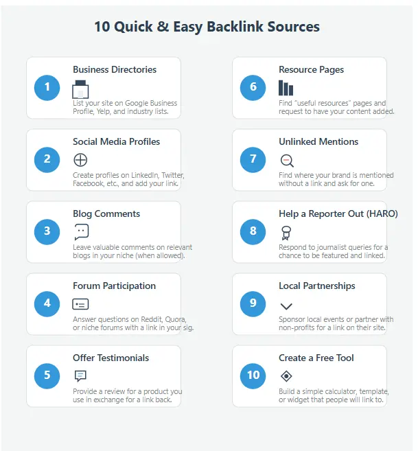 A visual list of 10 sources for acquiring easy backlinks quickly