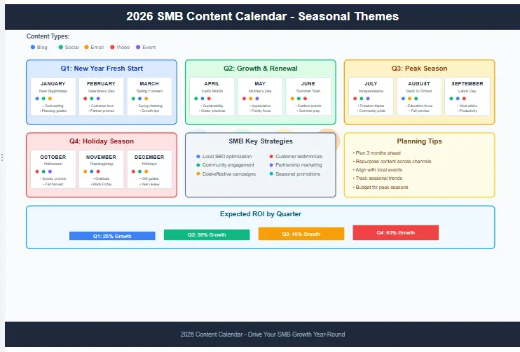 A visual representation of monthly content calendar ideas for SMBs with seasonal themes for 2026