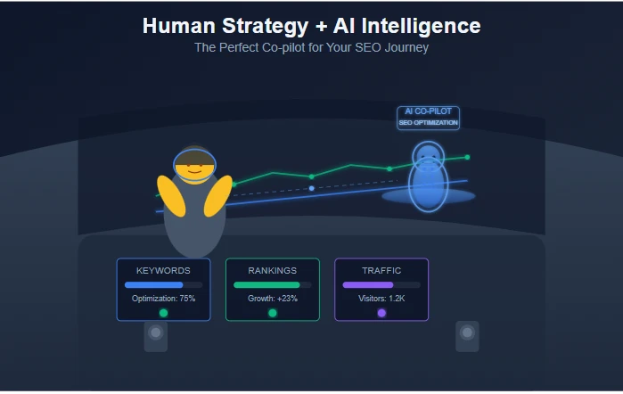 Is AI-Generated Content Hurting Your SEO? A person in a modern cockpit with a holographic AI co-pilot display, symbolizing the synergy between human strategy and artificial intelligence in SEO.