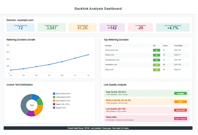 Backlink analysis dashboard showing domain authority and referring domains metrics
