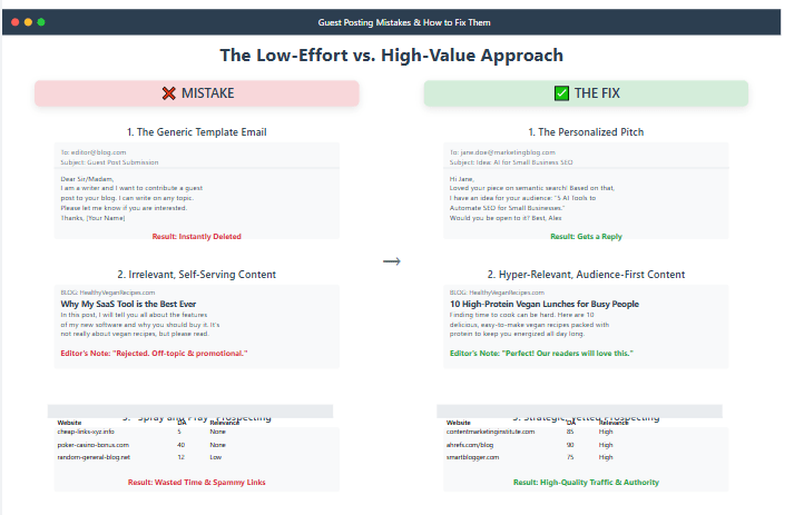 Common guest posting mistakes including generic emails and irrelevant content
