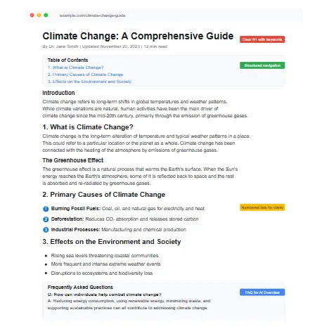 Content optimization for Google's AI Overviews showing well-structured article with headings, lists, and comprehensive topic coverage