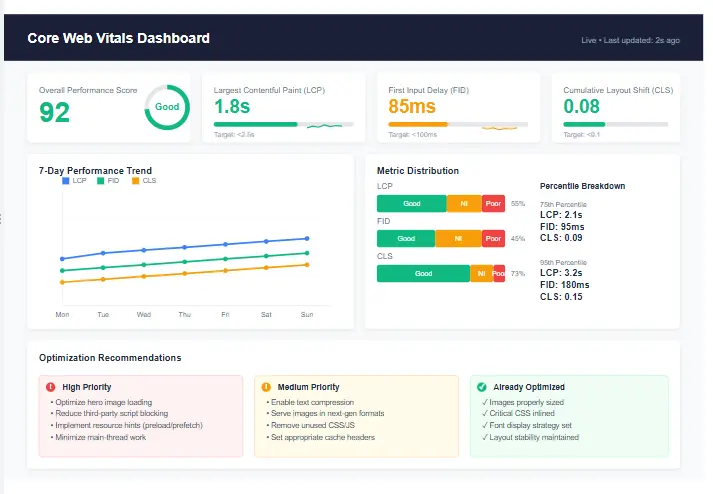 How to Fix Core Web Vitals Issues – Core Web Vitals performance dashboard showing LCP, FID, and CLS metrics