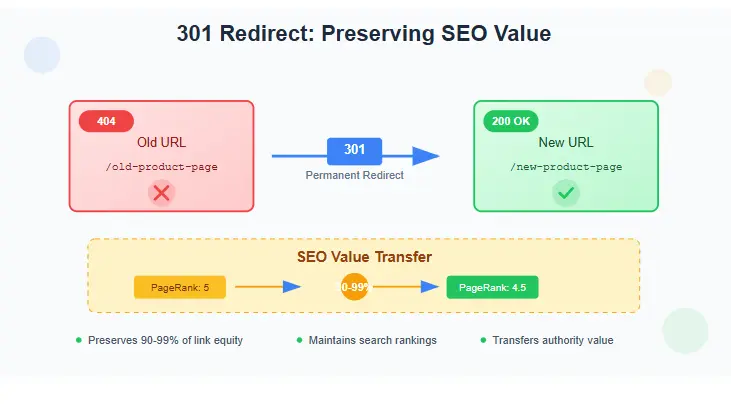 Diagram showing a 301 redirect from an old, broken URL to a new, active URL, preserving SEO value.