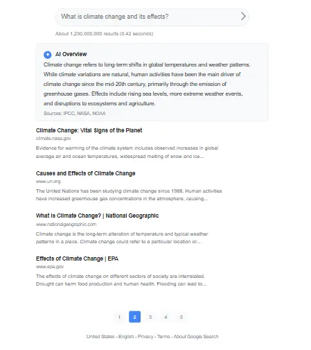 Example of Google's AI Overview appearing at the top of search results with synthesized information from multiple sources