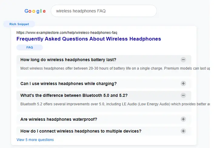 FAQ rich snippet showing expanded questions and answers directly in Google search results