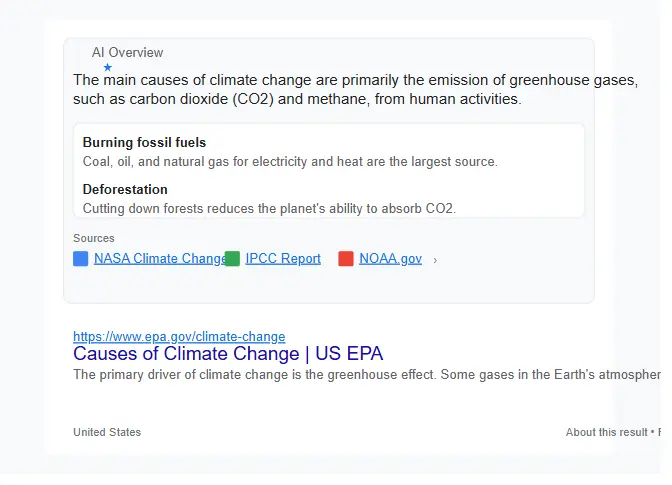 Google AI Overview search results showing AI-generated summaries at the top of the page