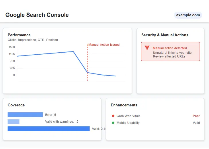 Google Search Console dashboard showing traffic analytics and penalty notifications