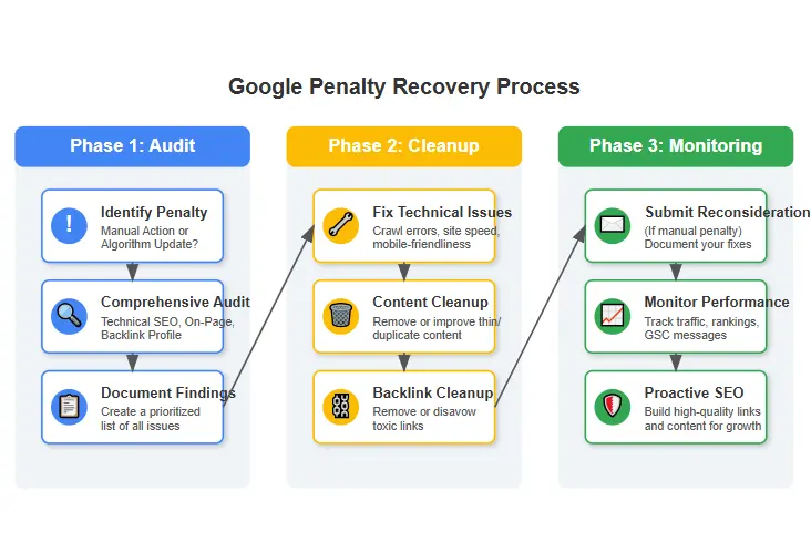 Google penalty recovery process steps showing audit, cleanup, and monitoring phases