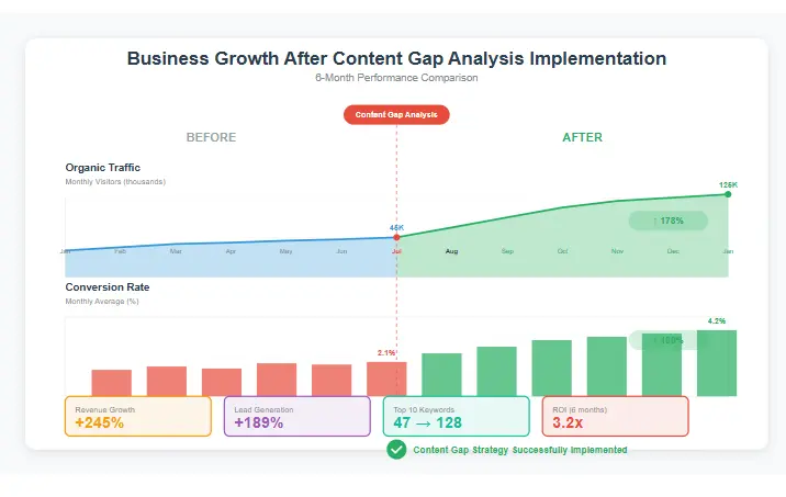 Graph showing significant business growth and increased organic traffic after implementing a content gap analysis template.