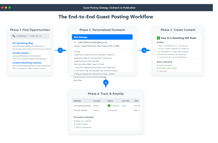 Guest posting strategy showing email outreach and content creation process
