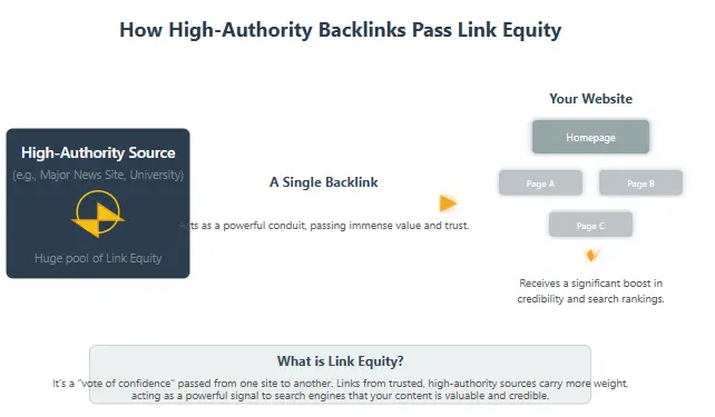 Infographic showing how easy backlinks from high-authority sources pass link equity
