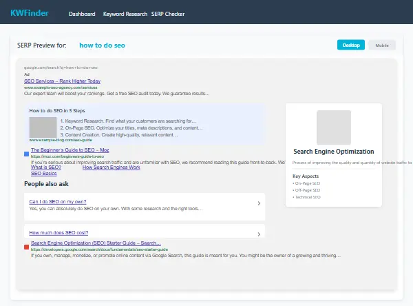 KWFinder SERP Preview Feature Showing Search Results