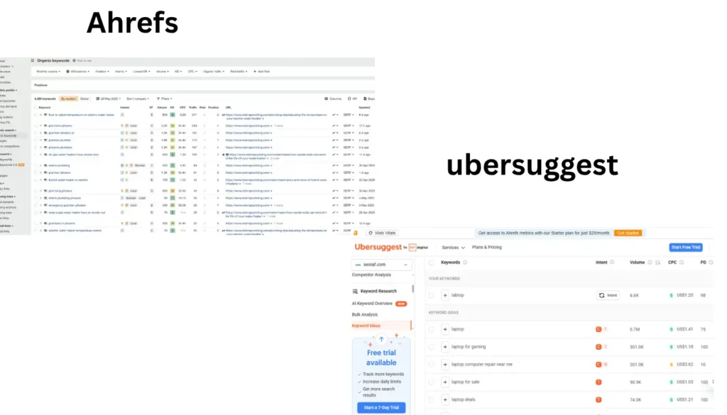 Ubersuggest vs Ahrefs Keyword research comparison chart showing search volume and difficulty metrics side by side