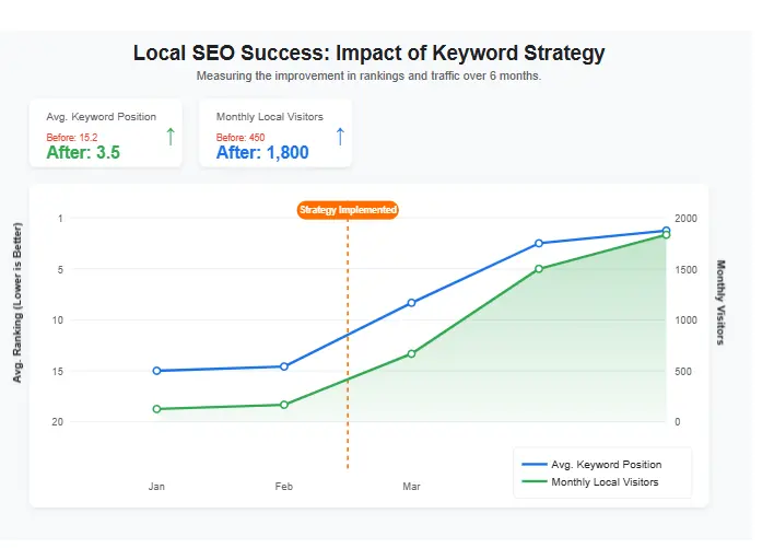 Local SEO success graph showing improved rankings and traffic after implementing local keyword strategy