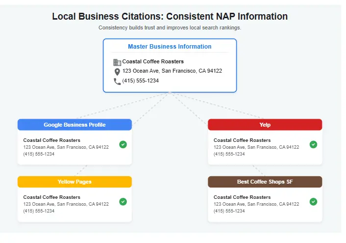 Local business citations showing consistent NAP information across multiple directories