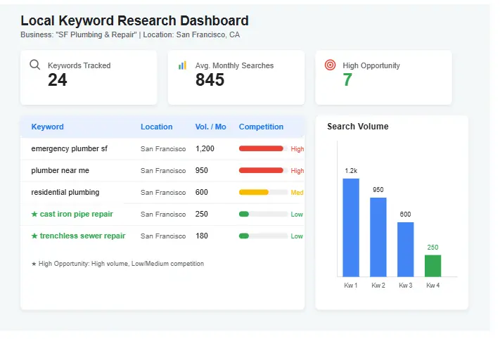 Local keyword research dashboard showing search volume and competition analysis for local business terms