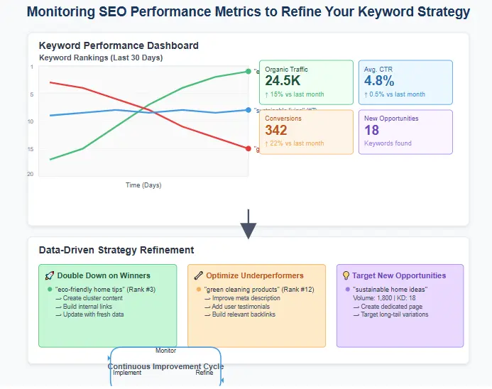 SEO performance metrics dashboard showing keyword rankings and traffic data
