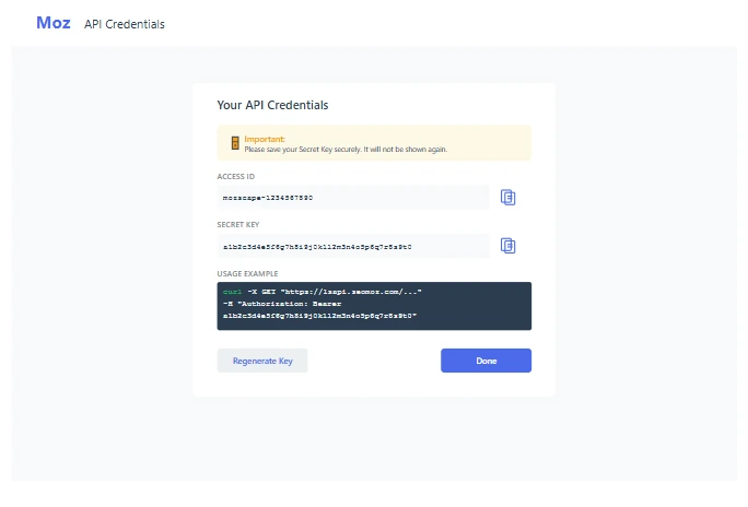 Moz API key generation process showing access ID and secret key