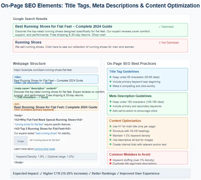 On-page SEO elements showing title tags, meta descriptions, and content optimization