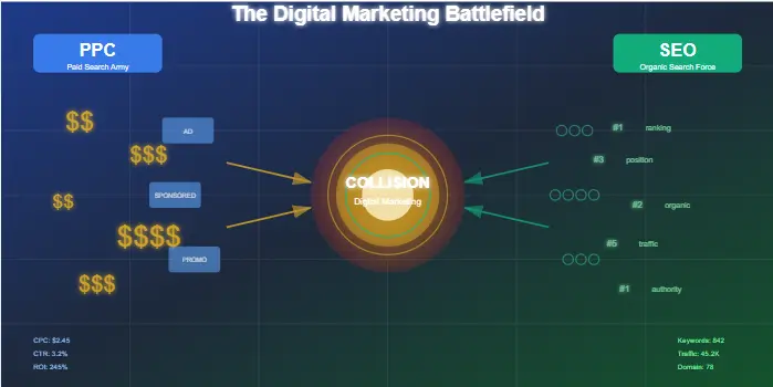 PPC vs SEO digital marketing battlefield