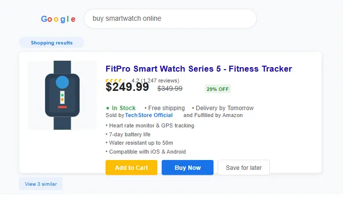Product rich snippet displaying price, availability, and product image for an e-commerce item