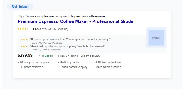 Review and rating rich snippet showing 4.5 star rating with customer reviews for a product