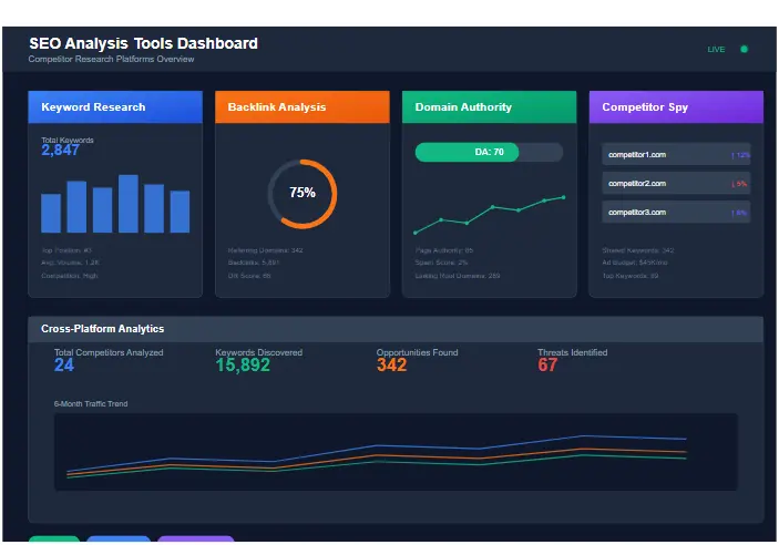 SEO Analysis Tools Dashboard showing various competitor research platforms