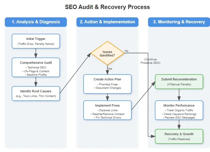 SEO audit process showing website analysis and recovery steps