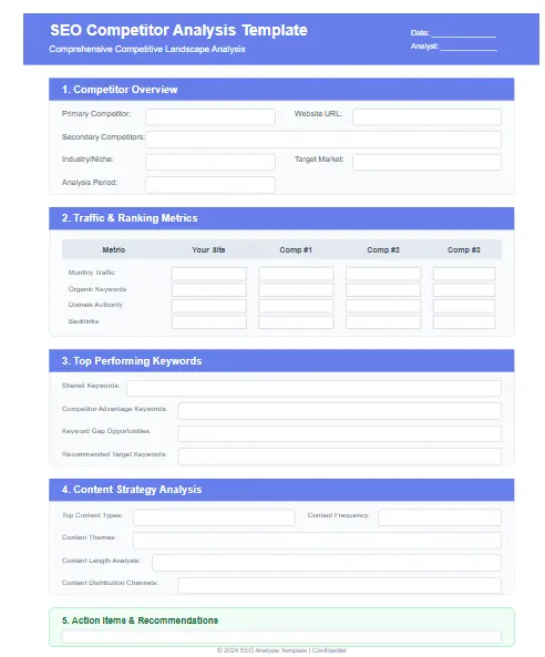 SEO Competitor Analysis Checklist Template screenshot showing different sections and competitive landscape analysis fields