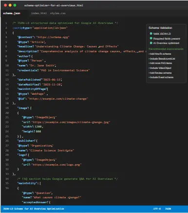Technical SEO schema markup implementation showing JSON-LD structured data code for Google's AI Overviews