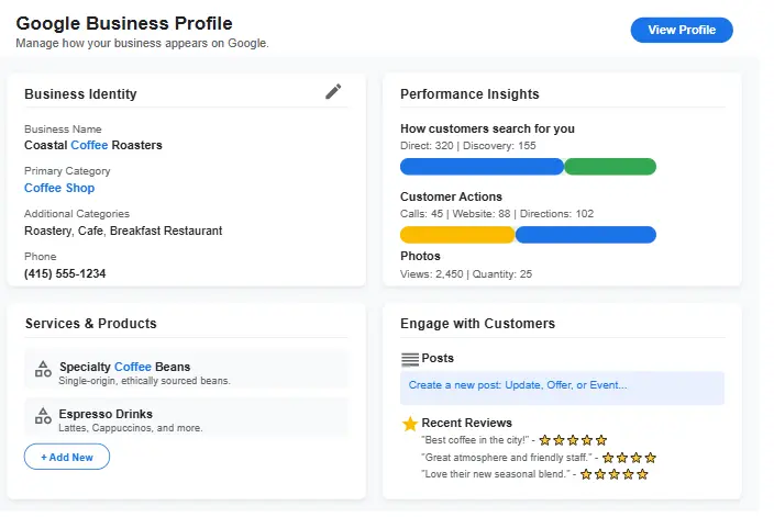 Google Business Profile dashboard showing various optimization features and settings