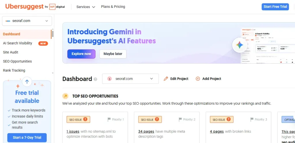 Ubersuggest dashboard overview showing keyword metrics and traffic trends