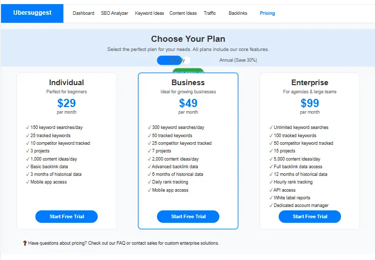 Ubersuggest pricing plans for 2025, a critical part of this ubersuggest-review.