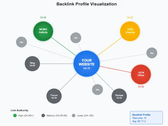Visual metaphor of a backlink profile showing a central website connected to various other authoritative sites by links.