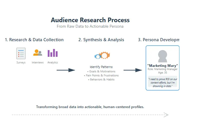 Audience research process showing persona development