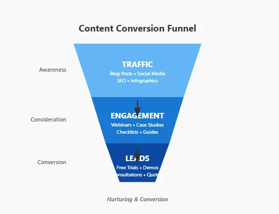 How to create content that converts: Content conversion funnel showing traffic turning into leads