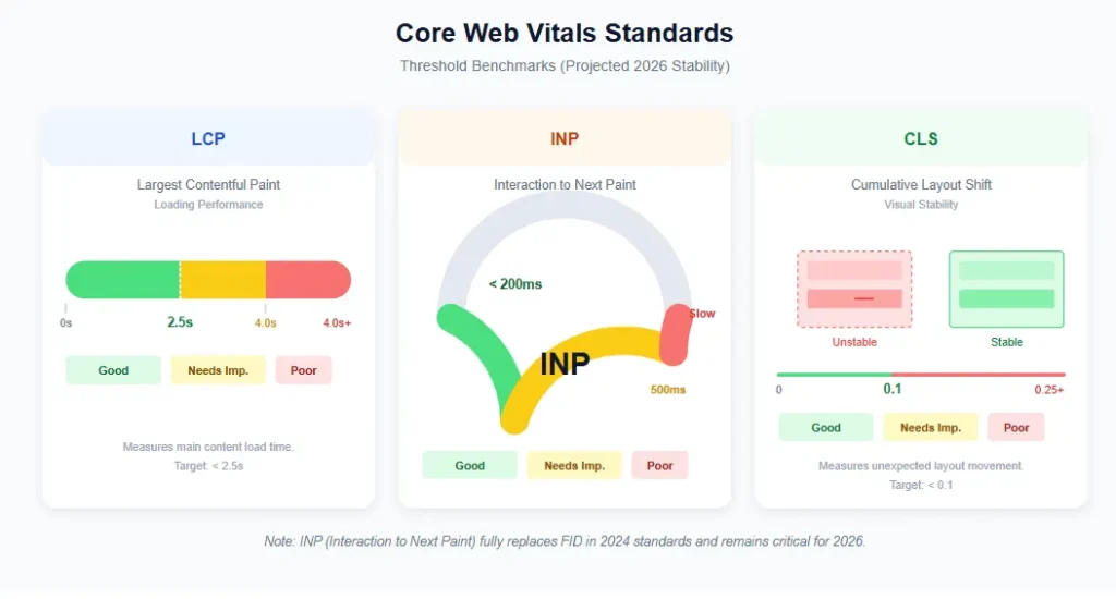 Core Web Vitals Metrics Chart showing LCP, INP, and CLS thresholds for 2026