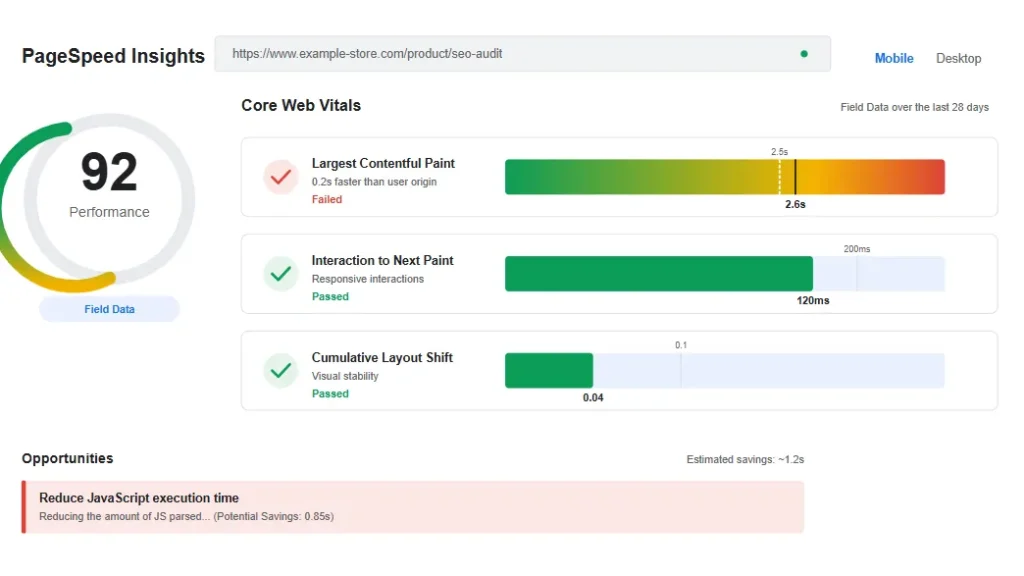 Google PageSpeed Insights Core Web Vitals analysis showing LCP, CLS, and INP metrics