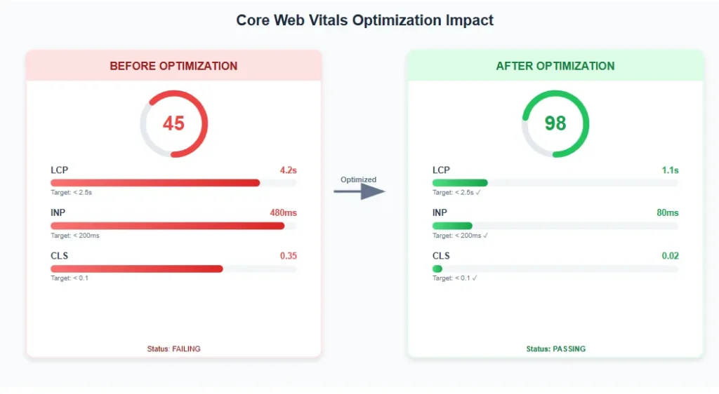 Before and after graph showing Core Web Vitals improvement from failing to passing