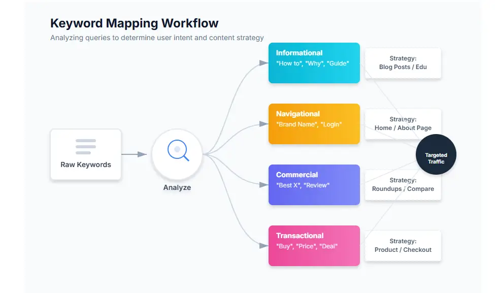 Workflow diagram showing how to map keywords to search intent