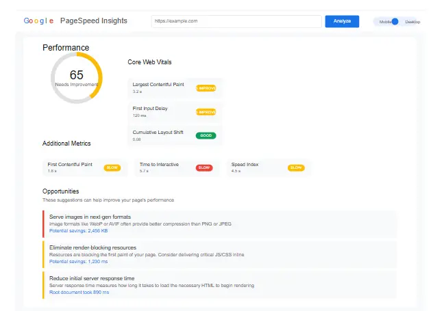 Google PageSpeed Insights report showing Core Web Vitals metrics and optimization suggestions