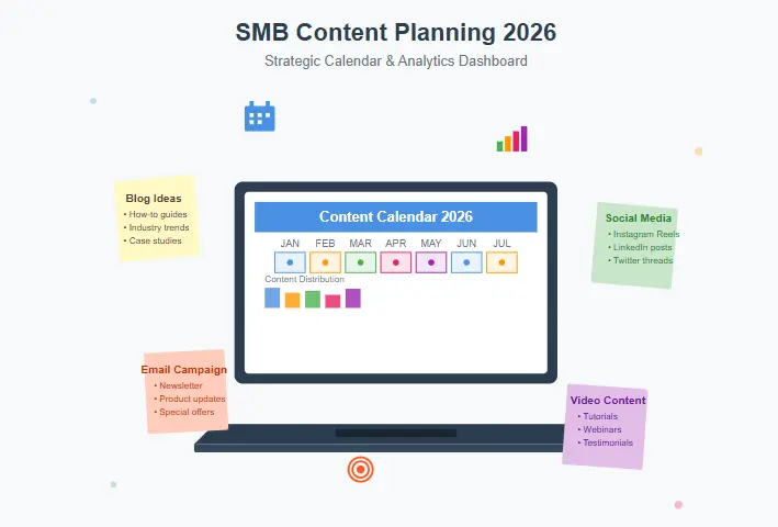 A person planning content calendar ideas for SMBs on a laptop with charts and notes for 2026