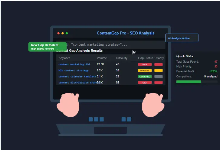 Close-up of hands typing on a laptop, displaying SEO software used for content gap analysis.