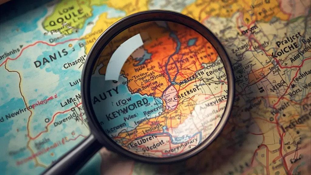 A magnifying glass revealing a path on a treasure map, symbolizing the discovery of low competition keywords.