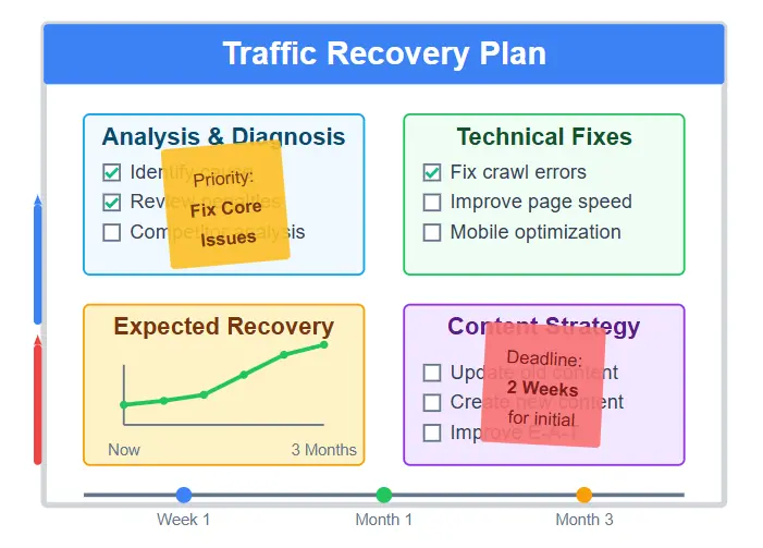 A person drawing a recovery plan on a whiteboard, symbolizing the strategic steps needed to fix a Google traffic drop.