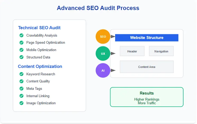 Advanced SEO audit checklist process showing technical analysis and optimization steps