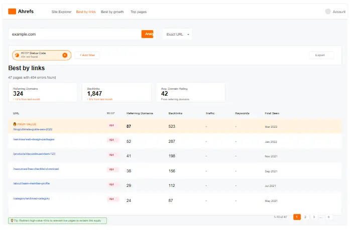 Ahrefs 'Best by links' report filtered for broken links, a crucial step to fix 404 errors and reclaim link equity.
