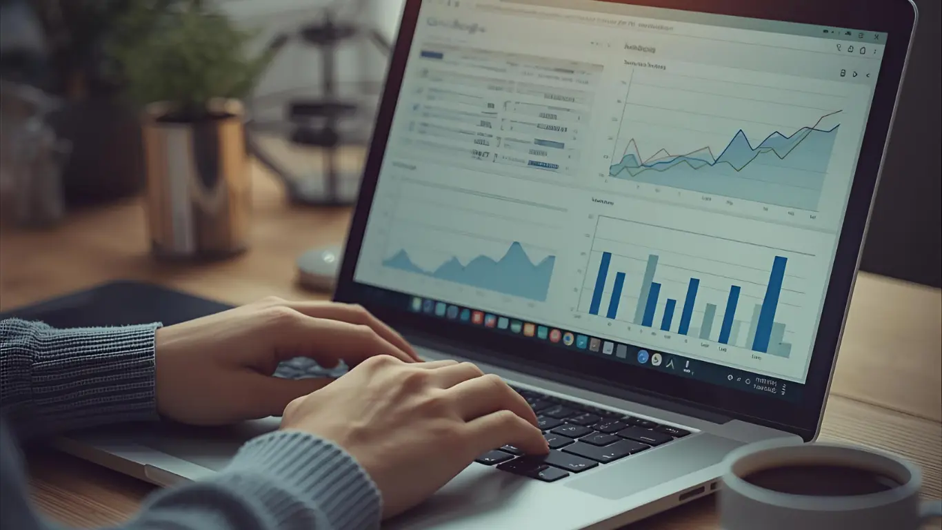 A blogger working on a laptop with analytics graphs in the background.